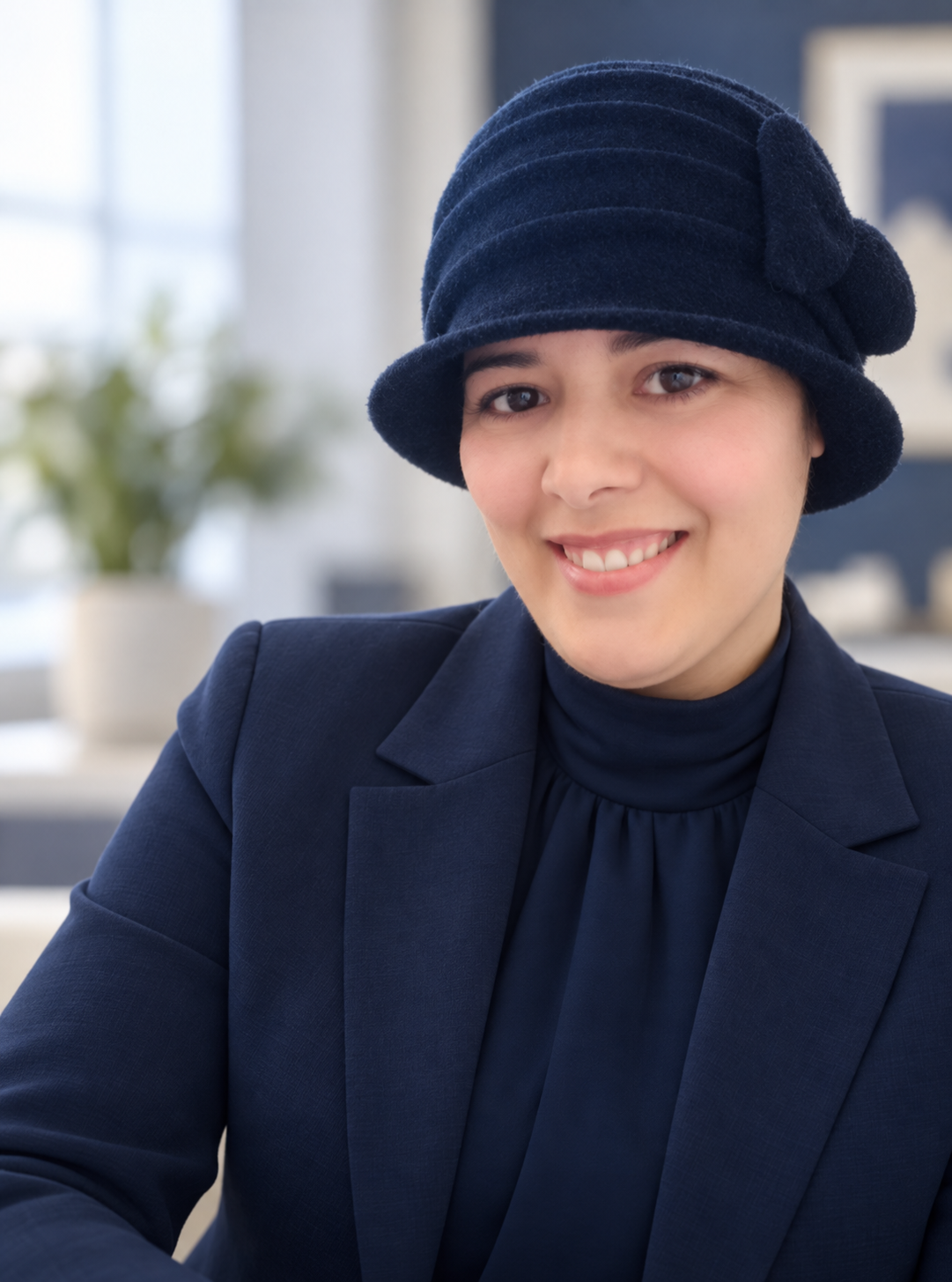 Ghalia Ouada, fondatrice de SOURCEONESAP, en veste bleu nuit et col montant